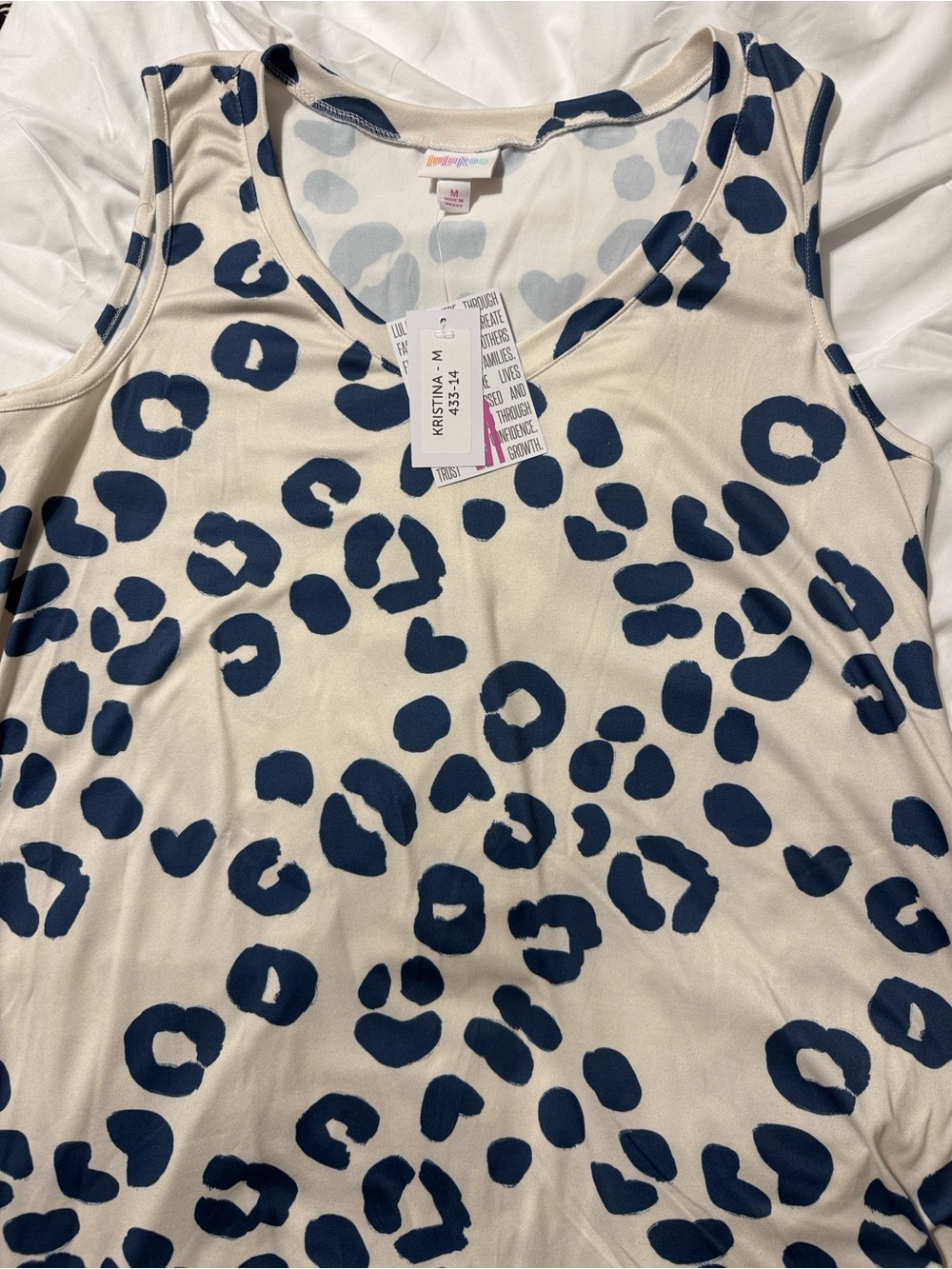 LuLaRoe Cream and Blue Polka Dot Top